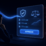 A human reviews a reassuring AI approval screen while concealed warning evidence glows behind it