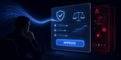 A human reviews a reassuring AI approval screen while concealed warning evidence glows behind it
