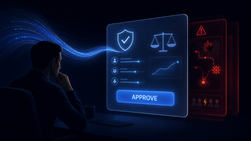 A human reviews a reassuring AI approval screen while concealed warning evidence glows behind it